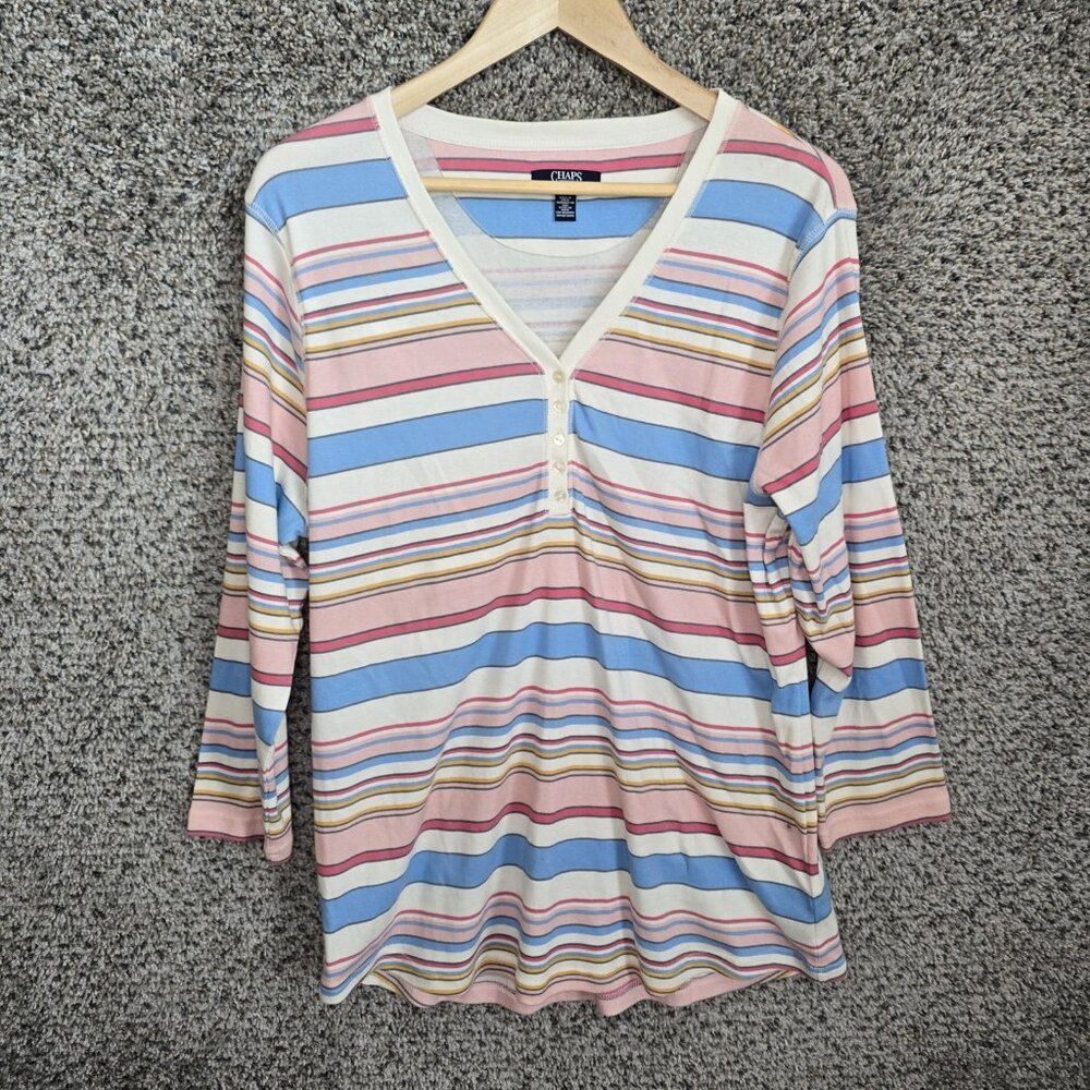 Chaps Top Womens‎ XXL 2XL Blue Striped V Neck 3/4 Sleeve Tee Casual Ladies